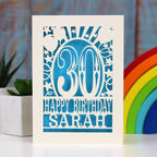 A cream and blue laser cut birthday card. Card shows 30, surrounded by stars and balloons, and reads Happy Birthday and a name.