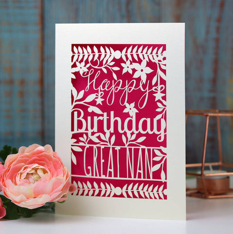 A personalised paper cut birthday card with a shocking pink paper insert.  - A5 (large) / Shocking Pink