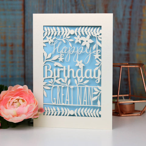 A Happy Birthday card for great nan. Laser cut with a light blue paper insert - A5 (large) / Light Blue