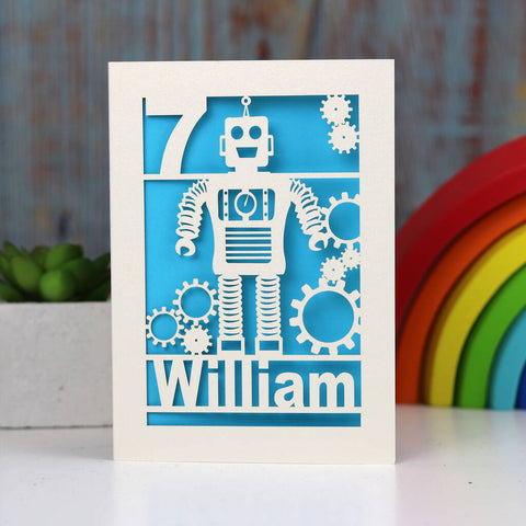 Personalised Papercut Robot Birthday Card - A5 / Peacock Blue