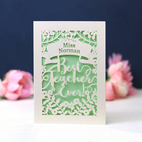 Personalised Papercut Best Teacher Card - A5 / Light Green