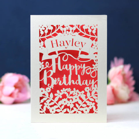 Personalised Papercut Calligraphy Birthday Card - A5 / Coral Pink