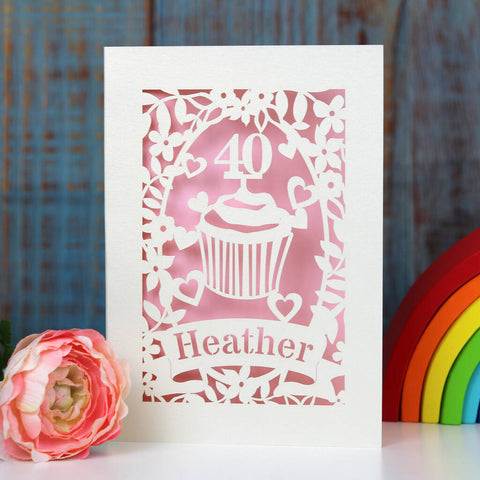 Pretty pink cupcake design birthday card for mum, sister, friend. Can be personalised with age and name. Cut from cream card and finished with pale pink insert paper. - A5 / Candy Pink