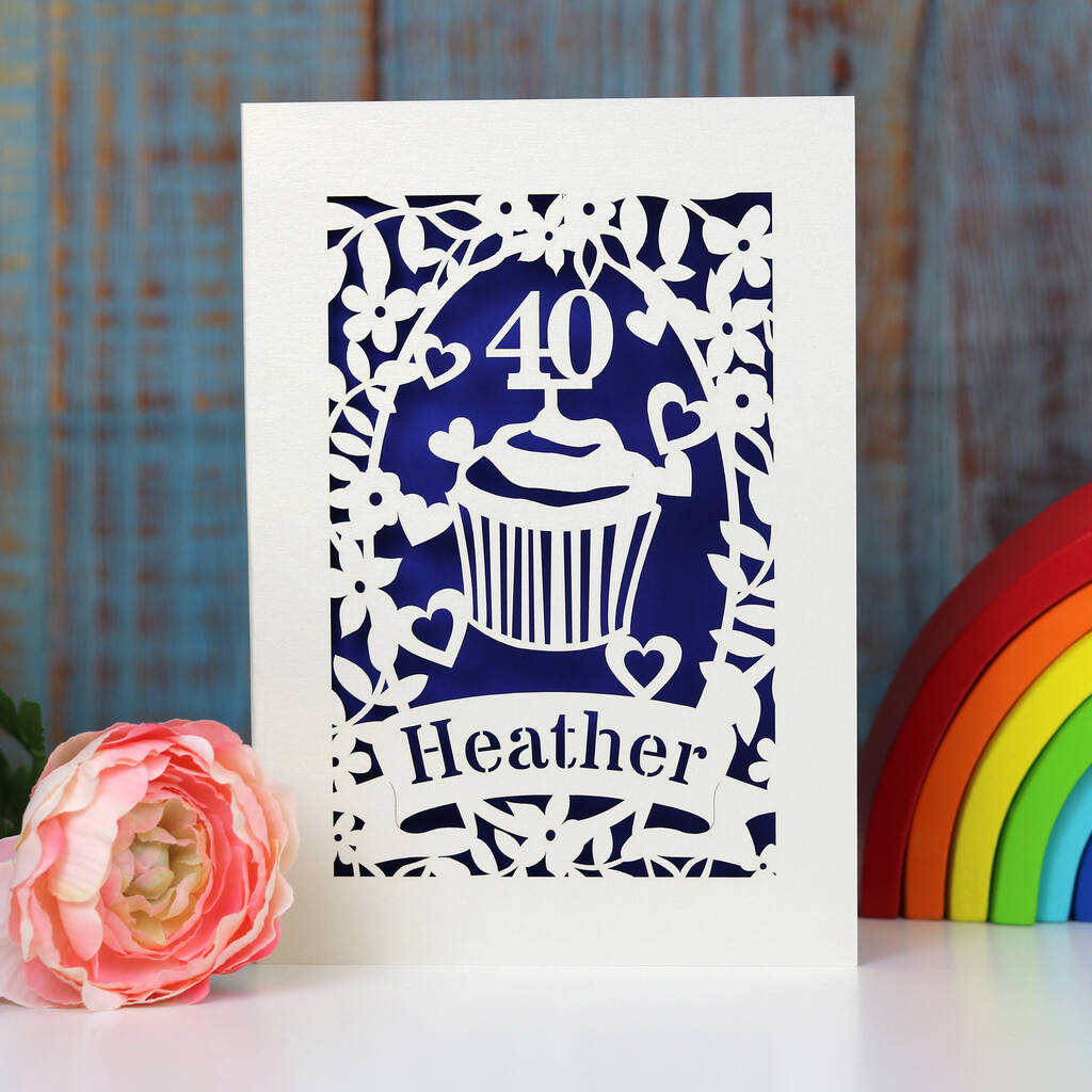 Papercut birthday card showing a cupcake and age topper. Cut from cream card and finished with a dark blue insert paper. Personalise with name and age.