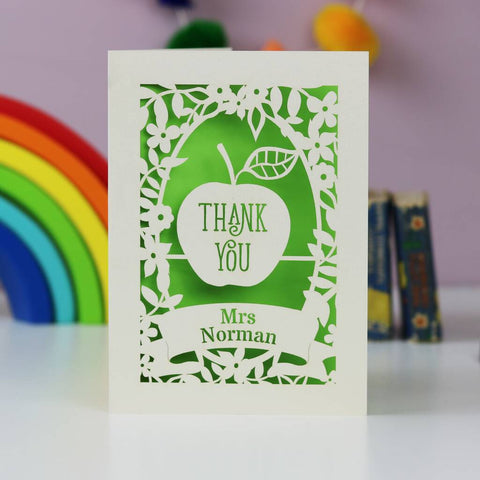 Papercut personalised card for teacher. Cream card with a bright green background. Perfect for end of term gift. - A5 / Cream / Bright Green