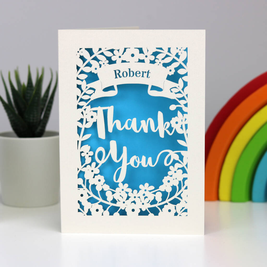 Cream card and peacock blue insert lasercut personalised Thank You card. 
