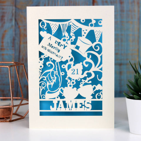 Personalised Papercut Unbirthday Card - A5 (large) / Peacock Blue
