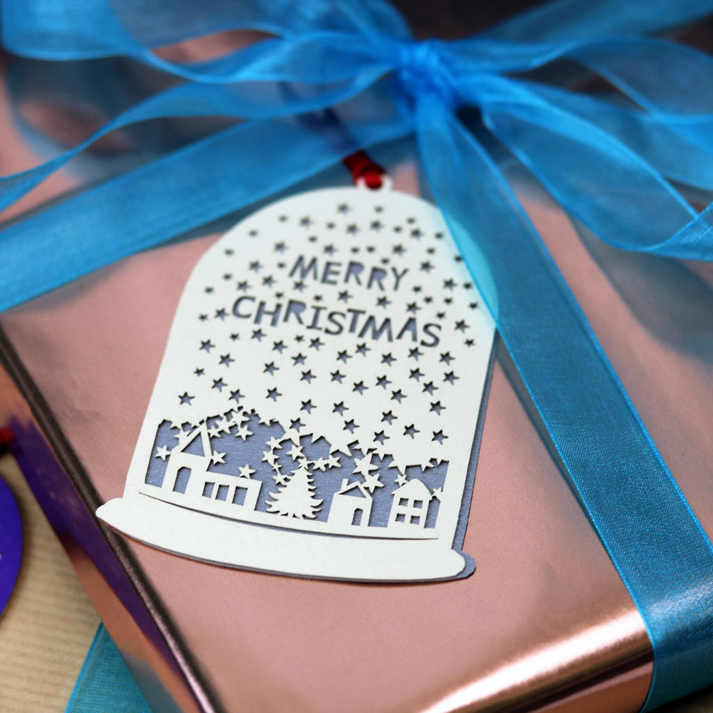 Set Of Five Assorted Papercut Snowglobe Gift Tags
