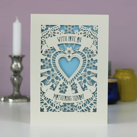 A cream cut out Mother's Day card that says "With love on Mothering Sunday" - A6 (small) / Light Blue