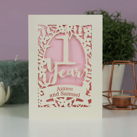First anniversary papercut card personalised with the names of the couple. - A5 (large); / Candy Pink;