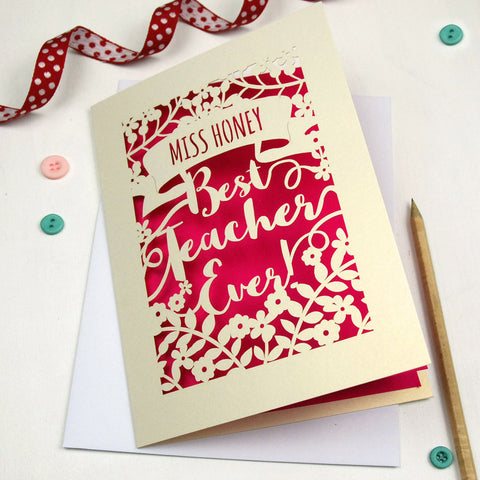 Personalised Papercut Best Teacher Card - A5 / Shocking Pink