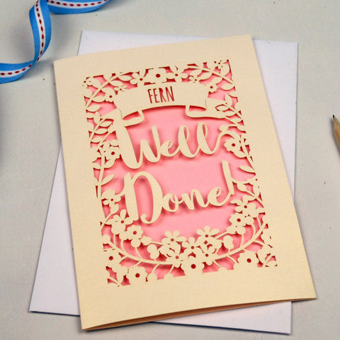 Personalised 'Well Done' Papercut Card - A5 / Cream / Candy Pink