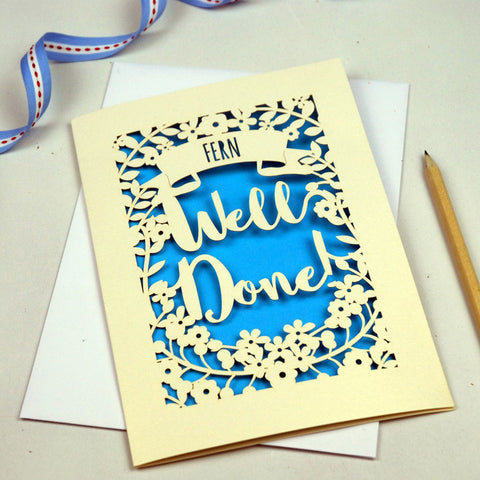 Personalised 'Well Done' Papercut Card - A5 / Cream / Peacock Blue